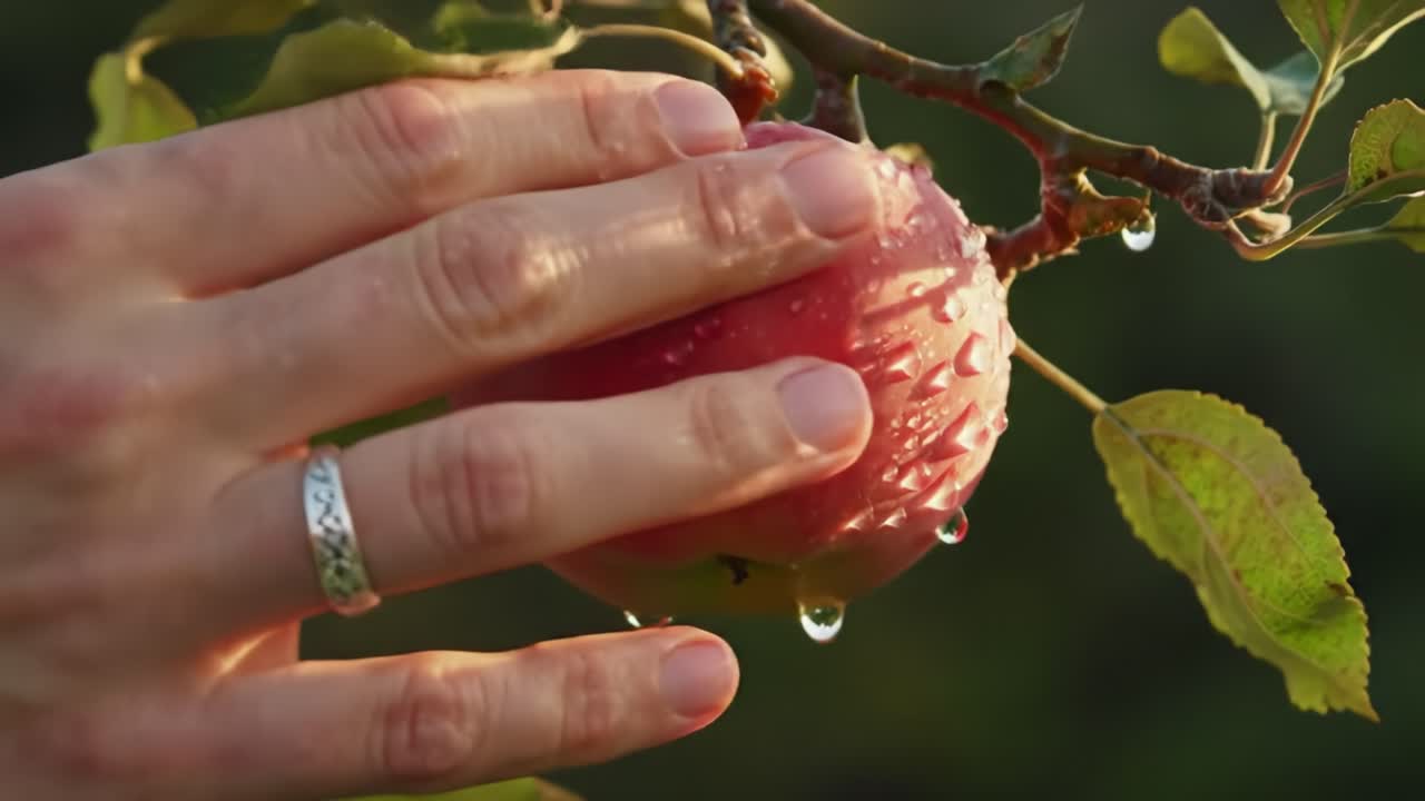A Close-Up of a Hand Gently Touching a Freshly Harvested Apple with Water Droplets, Capturing the Essence of Nature's Bounty and the Joy of Fruit Picking