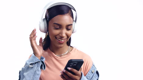 woman, headphones and phone in studio