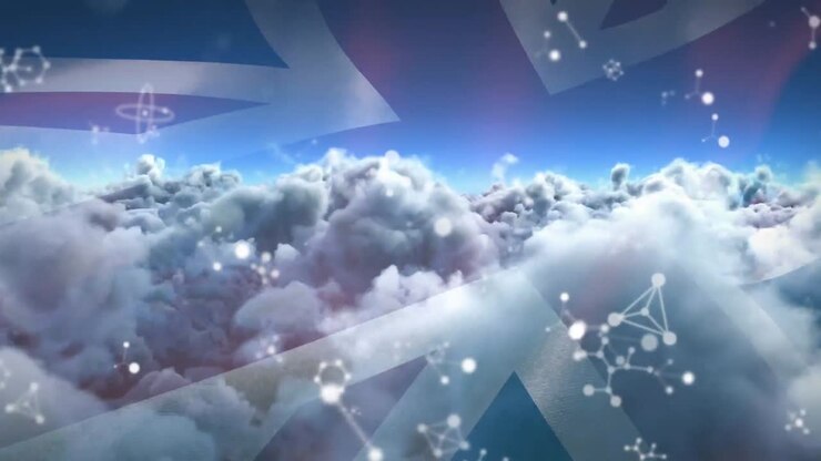 Animation of molecules moving over uk flag and cloudy sky