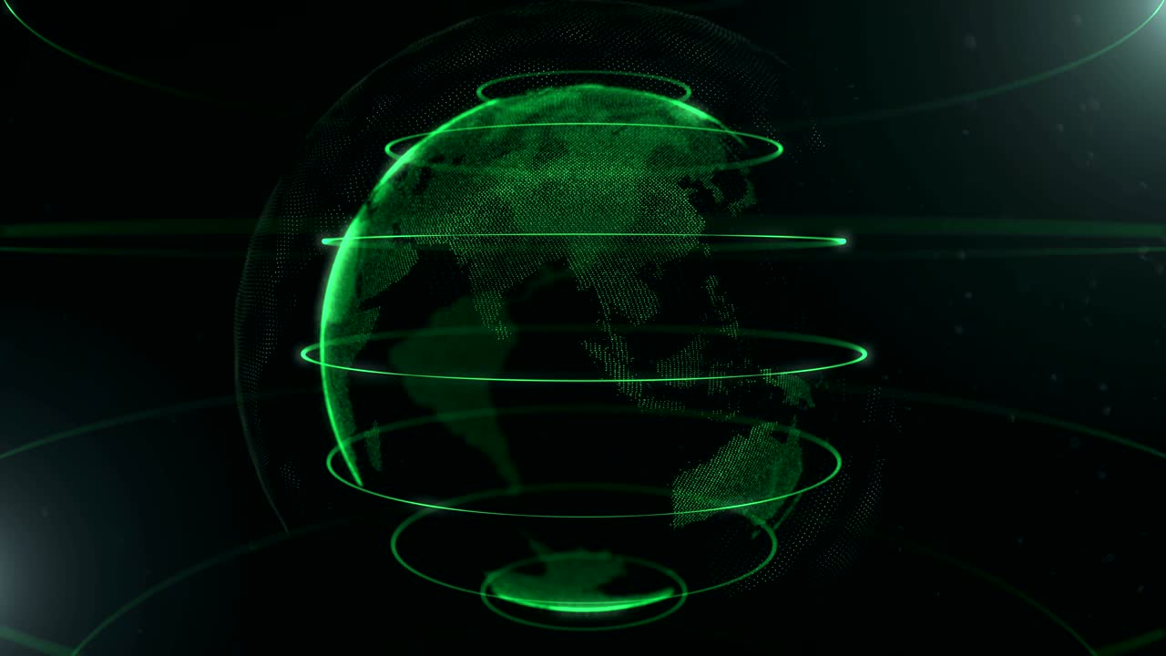 Futuristic sphere of dots. Globalization interface. Green loops around sphere. Color precision. Croped sphere zooming. Moving blicks. 4K.