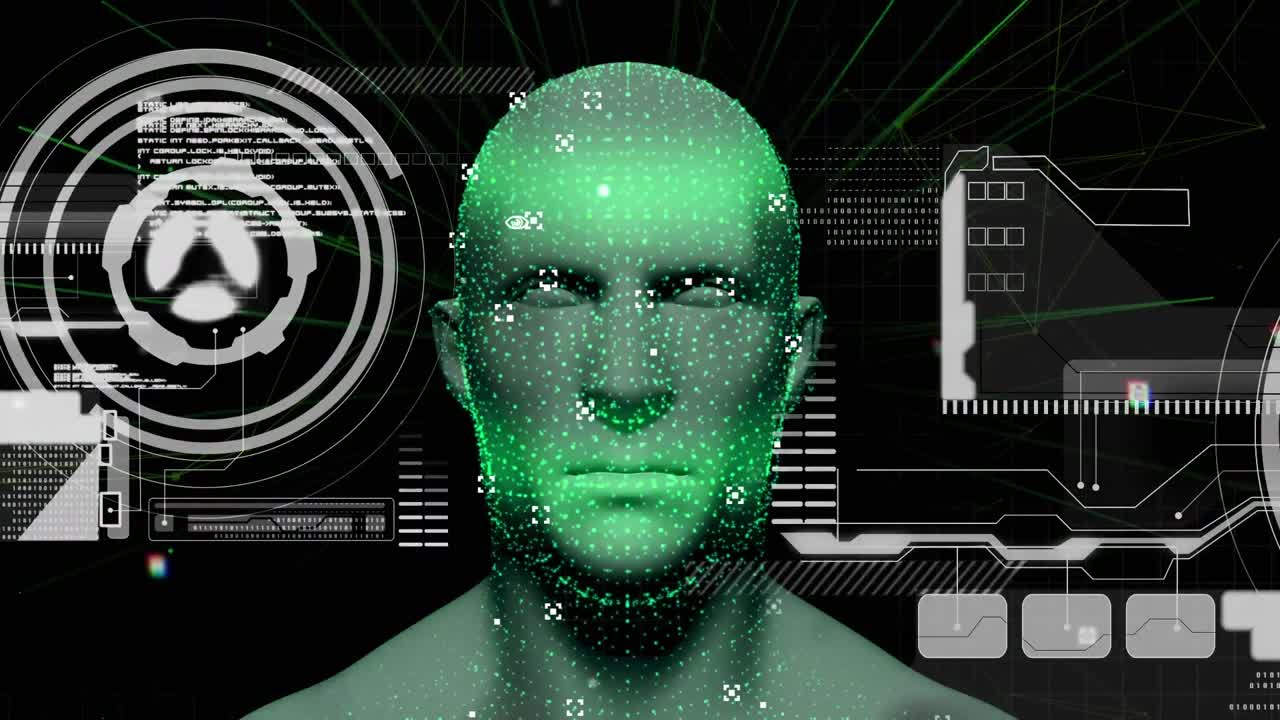 Animation of human head glowing with digital interface data processing