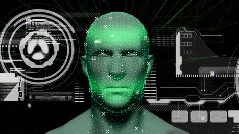animación de la cabeza humana brillando con el procesamiento de datos de la interfaz digital