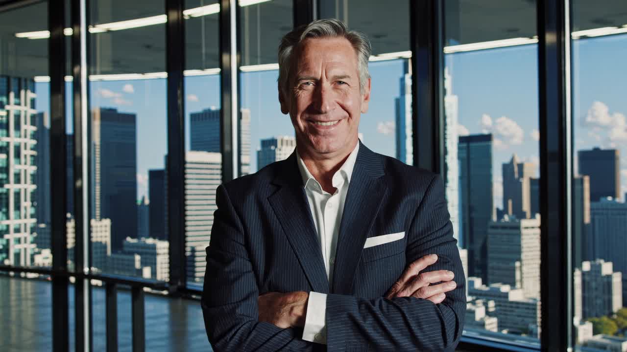 A confident businessman in a suit stands with arms crossed in a high-rise office