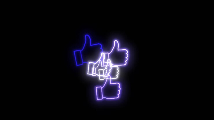 Neon Social media thumbs up icons randomly appear on black screen overlay