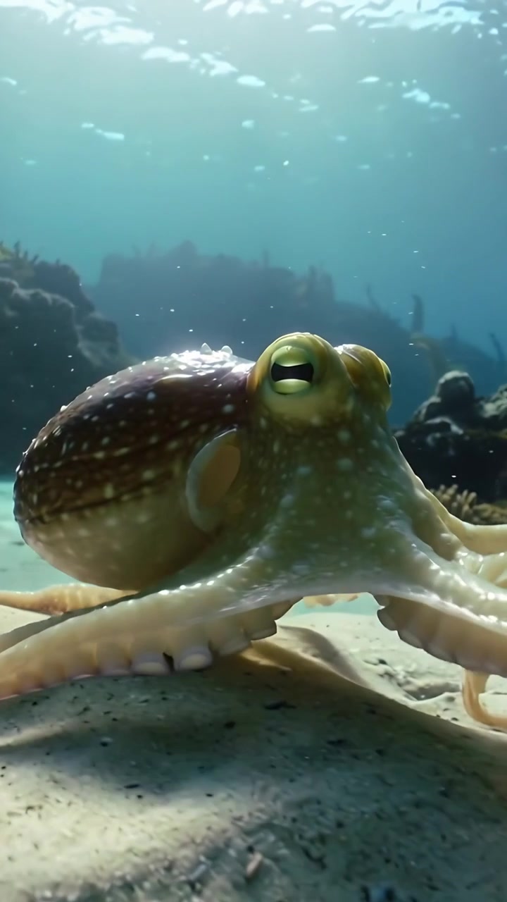 Video verticale: Polpo che si sposta lentamente, riposizionandosi, estendendo i tentacoli e sollevandosi sul fondale sabbioso.