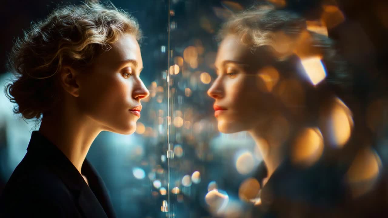 A contemplative moment captured in elegant reflections, showcasing a woman gazing thoughtfully at her own image through a sparkling, luminous backdrop in a serene atmosphere