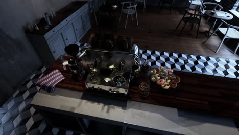 coffee shop interior with espresso machine and donuts