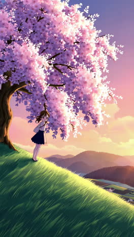 peaceful village sunset with cherry blossoms