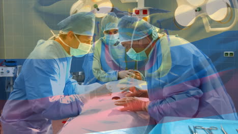 animation of flag ecuador waving over surgeons in operating theatre