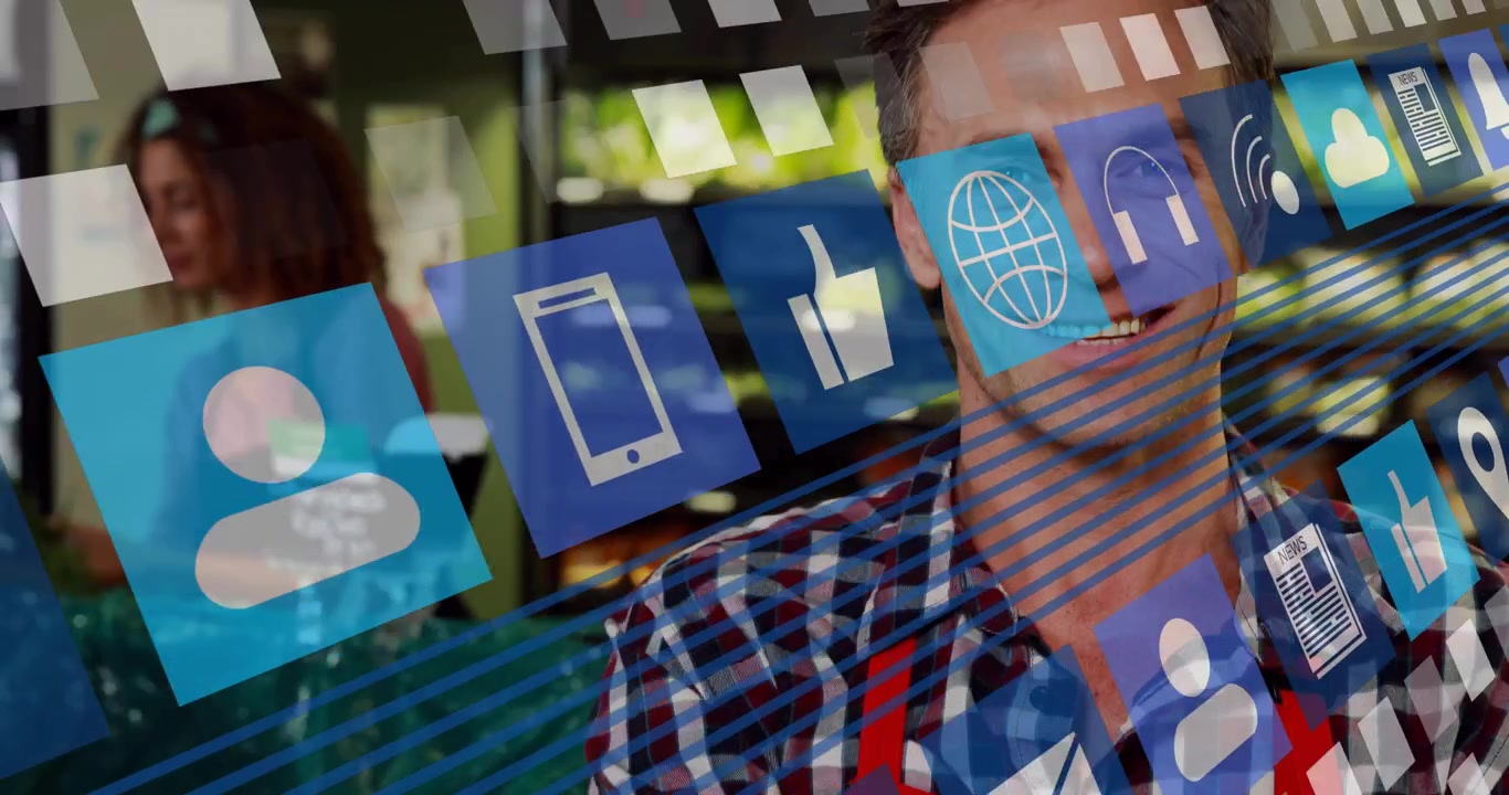 Mann an der Theke entspannt sich lächelnd, während blaue App-Symbole gleiten und ein Gesicht für eine Einzelhandelsdemo enthüllen.