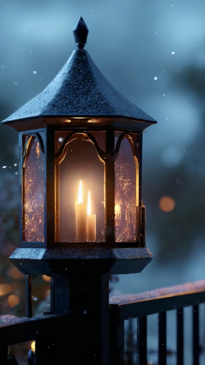 A Captivating Lantern Glowing in the Snowy Evening, Casting a Warm and Gentle Light That Enchants the Outdoor Scenery, Creating a Cozy and Peaceful Atmosphere Surrounded by Winter's Embrace
