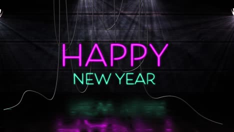 Animation-of-happy-new-year-text-in-pink-and-green-neon-letters-on-black-background