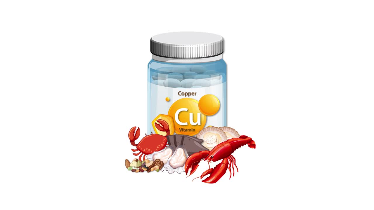 Copper supplement bottle gradually surrounded by lobster, shrimp, and shellfish on white background