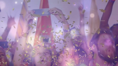 animation of confetti over diverse group of friends smiling and raising hands