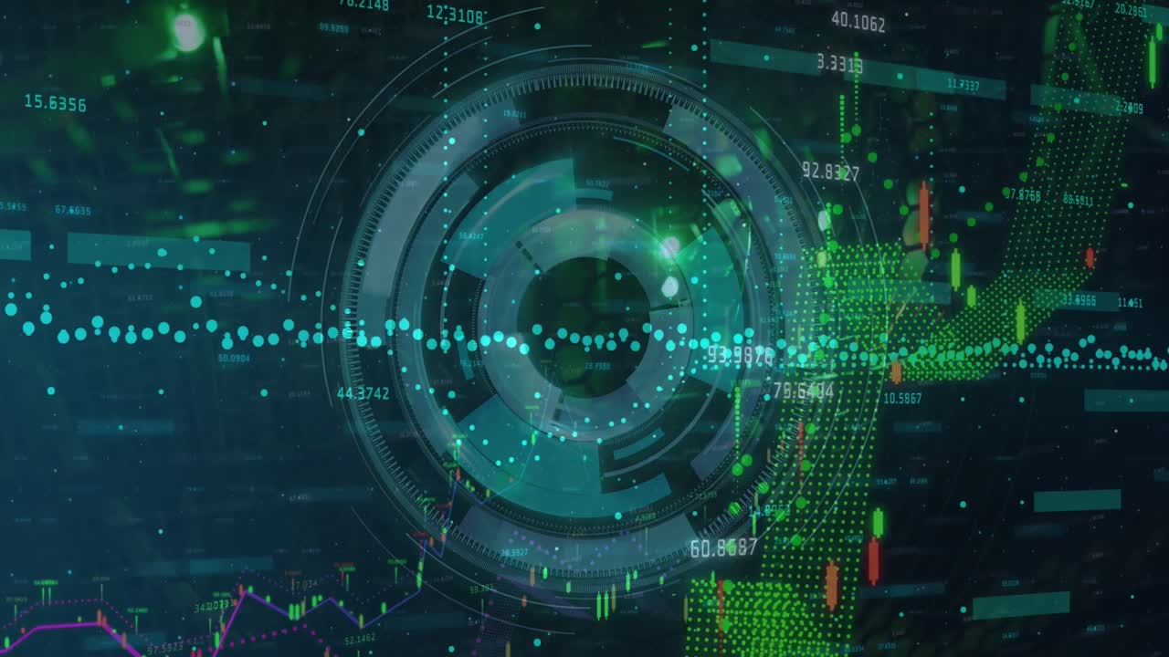 animação de círculo de processamento sobre gráficos financeiros em fundo preto