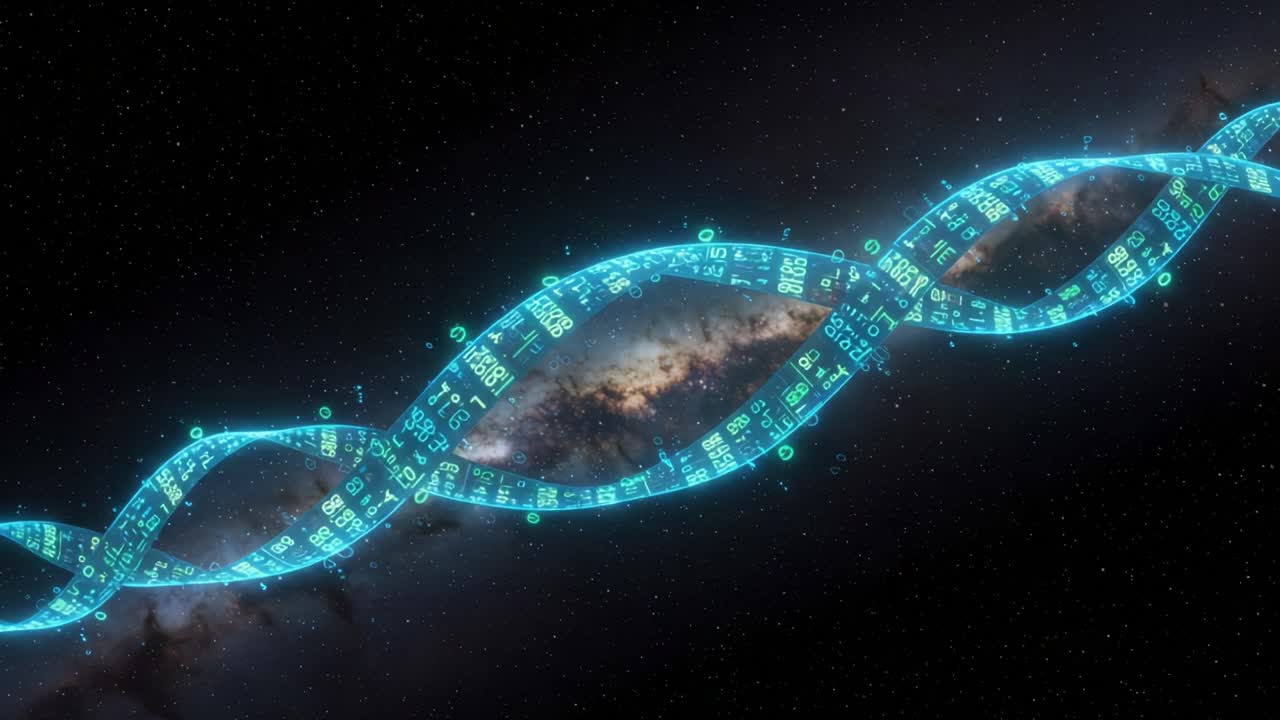 Captivating Visualization of a Celestial DNA Helix Intertwined with Cosmic Data Symbols Set Against the Stellar Background of the Milky Way Galaxy