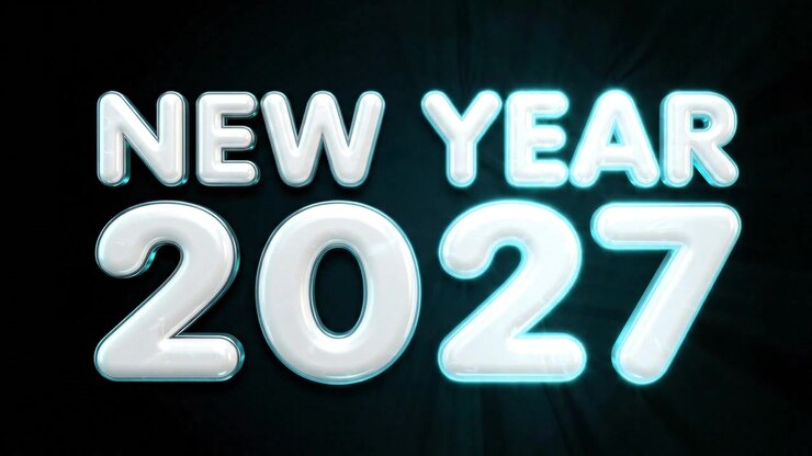 Animazione di testo luminoso Anno Nuovo 2027 su sfondo scuro