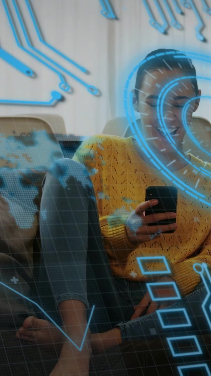 Vertical video: Woman tapping phone browsing tech data, blue HUD charts globe covering right face