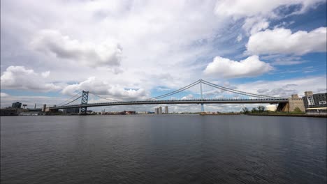 benjamin franklin bridge timelapse with clouds moving over the delaware river