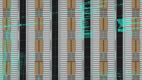 Data-processing-against-overhead-view-of-multiple-delivery-boxes-on-conveyor-belt