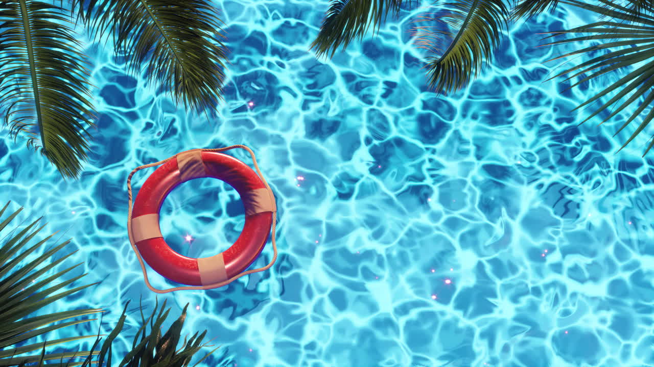 Loop colorful lifebuoy floating in clear blue pool