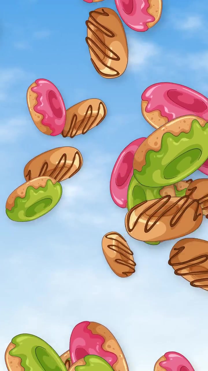 Donuts e doces coloridos e glaceados animados caem através de um céu azul brilhante com nuvens suaves