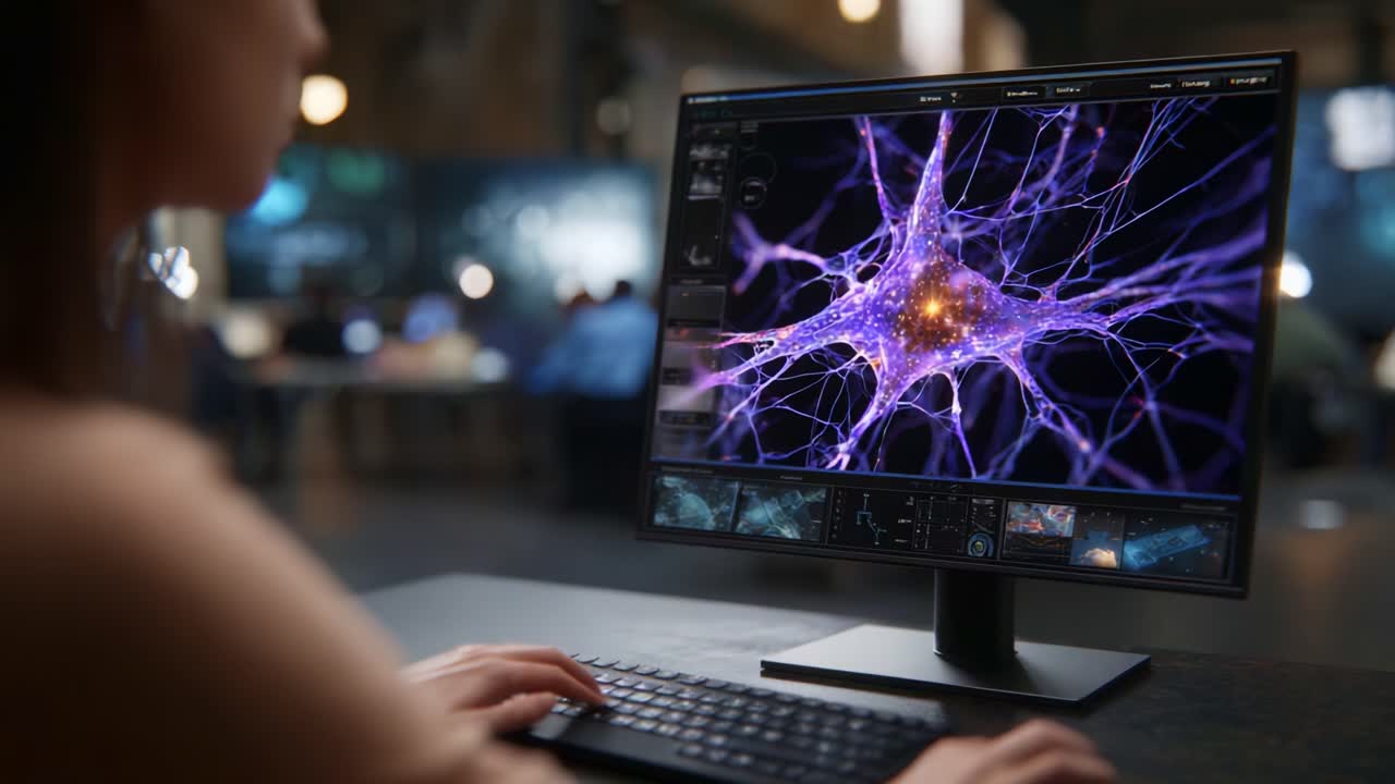 På opdagelse i neurale netværk: Et nærbillede af dynamiske neuroner og synaptisk aktivitet på en computerskærm i et moderne laboratoriemiljø