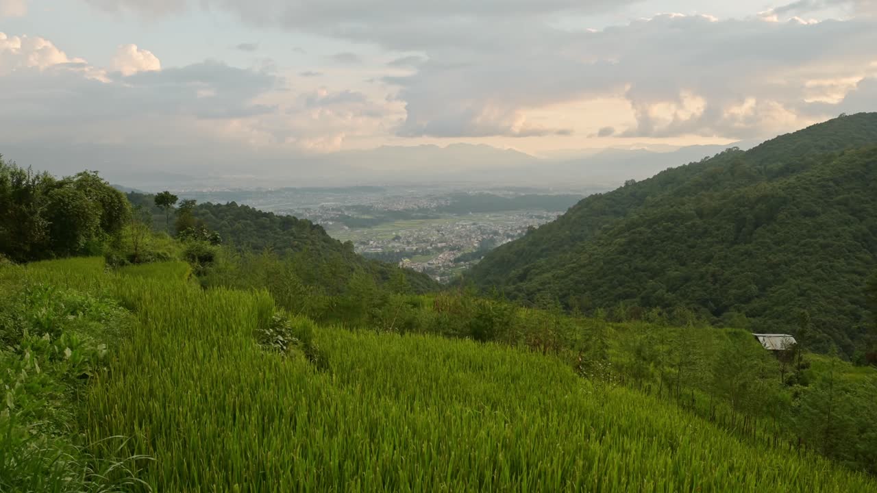 Pady Fields and Kathmandu City Sunset, Rural Landscape Scenery in Nepal with Rice Fields Paddies and Paddy Fields Terraces in a Rural Village in Kathmandu Valley with the City Behind
