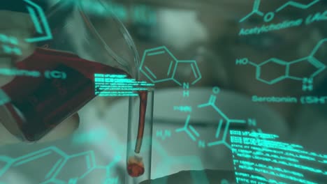 Animación-Del-Procesamiento-De-Datos-Y-Fórmula-Química-Sobre-Una-Científica-Caucásica