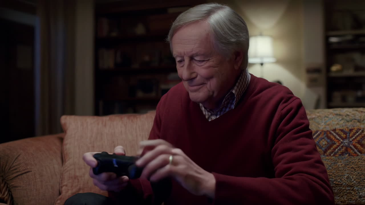Elderly Man Playing Video Games at Home