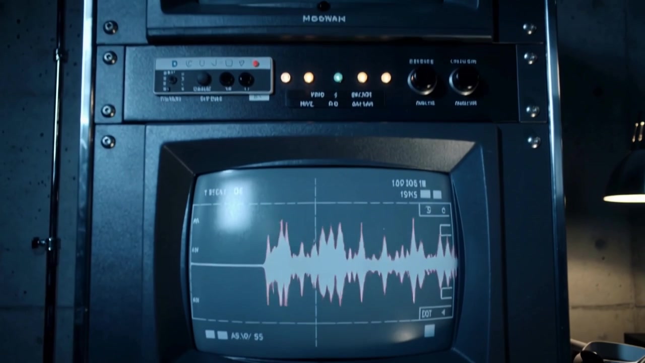 Signal arriving, stacked CRT rack displaying growing waveform in dim lab for testing, with lit LEDs