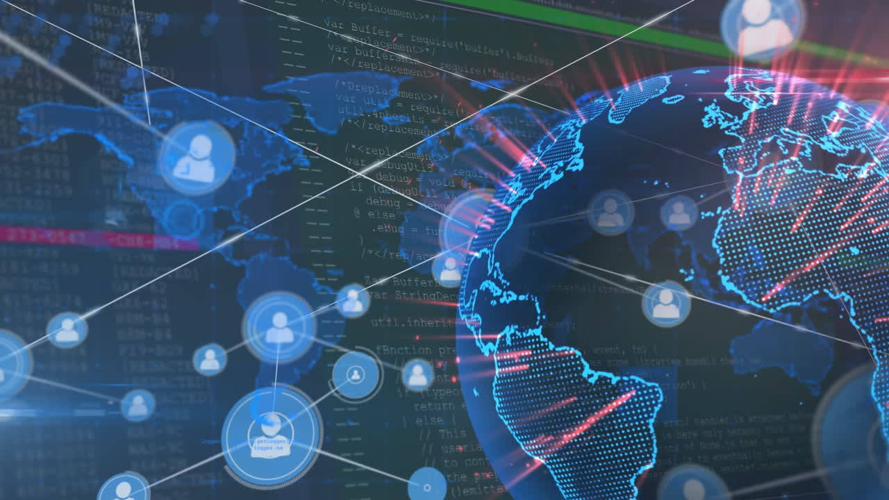 데이터 처리와 함께 전 세계와 세계 지도에 대한 아이콘과 연결 네트워크의 애니메이션