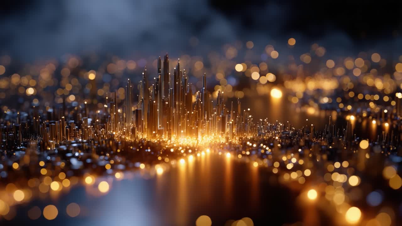 Una straordinaria rappresentazione visiva di uno skyline futuristico, con strutture illuminate e vivaci riflessi di luce che creano un paesaggio urbano notturno ipnotico