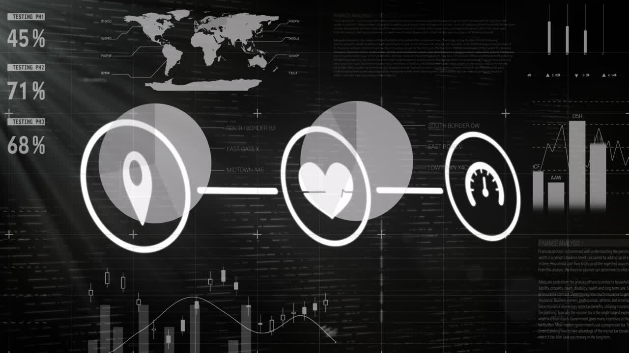 어두운 구름 하늘 위에 인포그래픽 인터페이스와 연결된 아이콘의 애니메이션