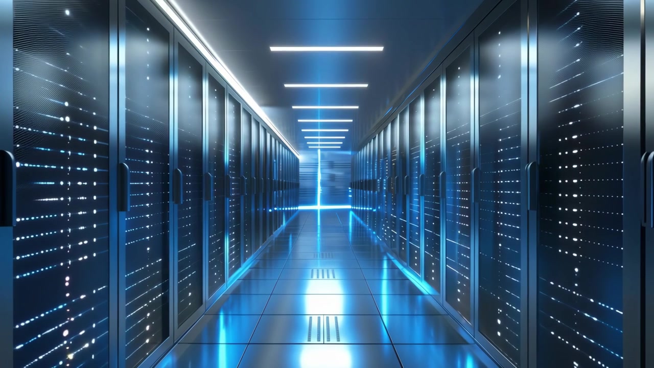 Futuristic Data Center Corridor with Blinking Server Racks
