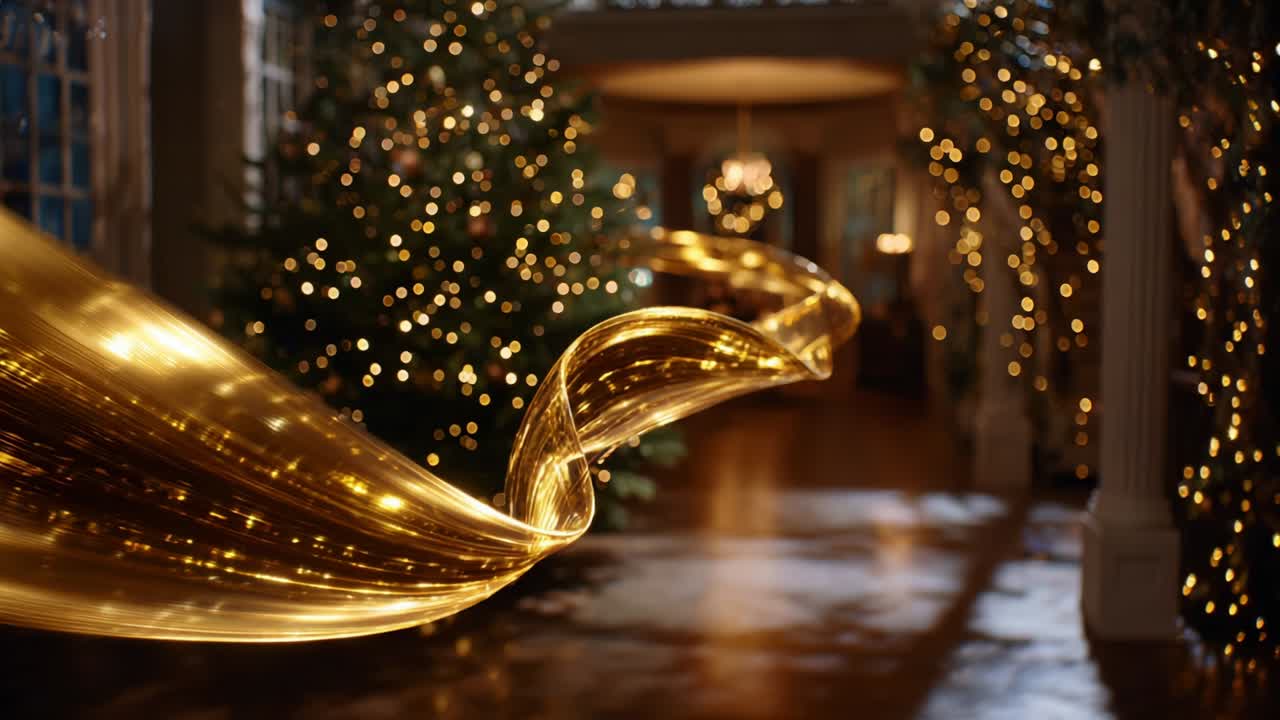 A Beautiful Display of Golden Light Flowing Gracefully Through a Festively Decorated Space with Twinkling Christmas Trees Illuminated by Warm Glow Creating a Magical Holiday Atmosphere