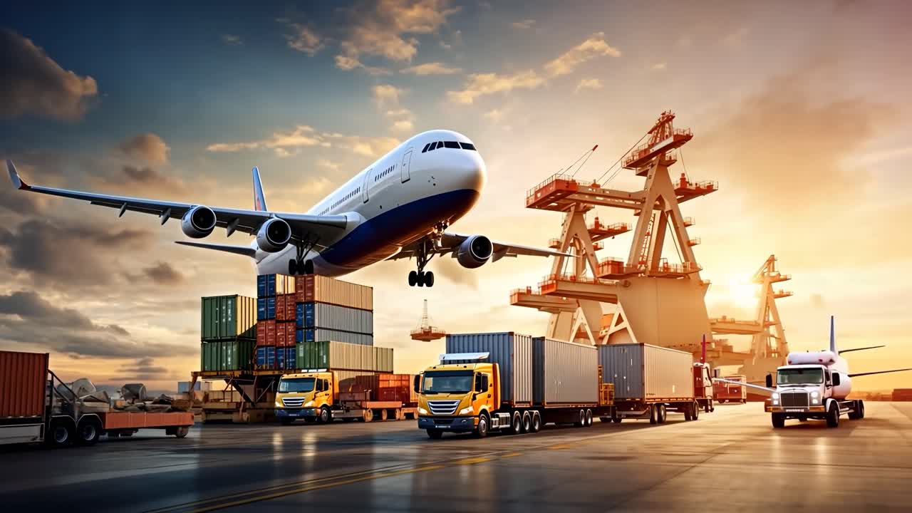 Dynamic low-angle video shot of a cargo plane flying over a busy shipping port with trucks