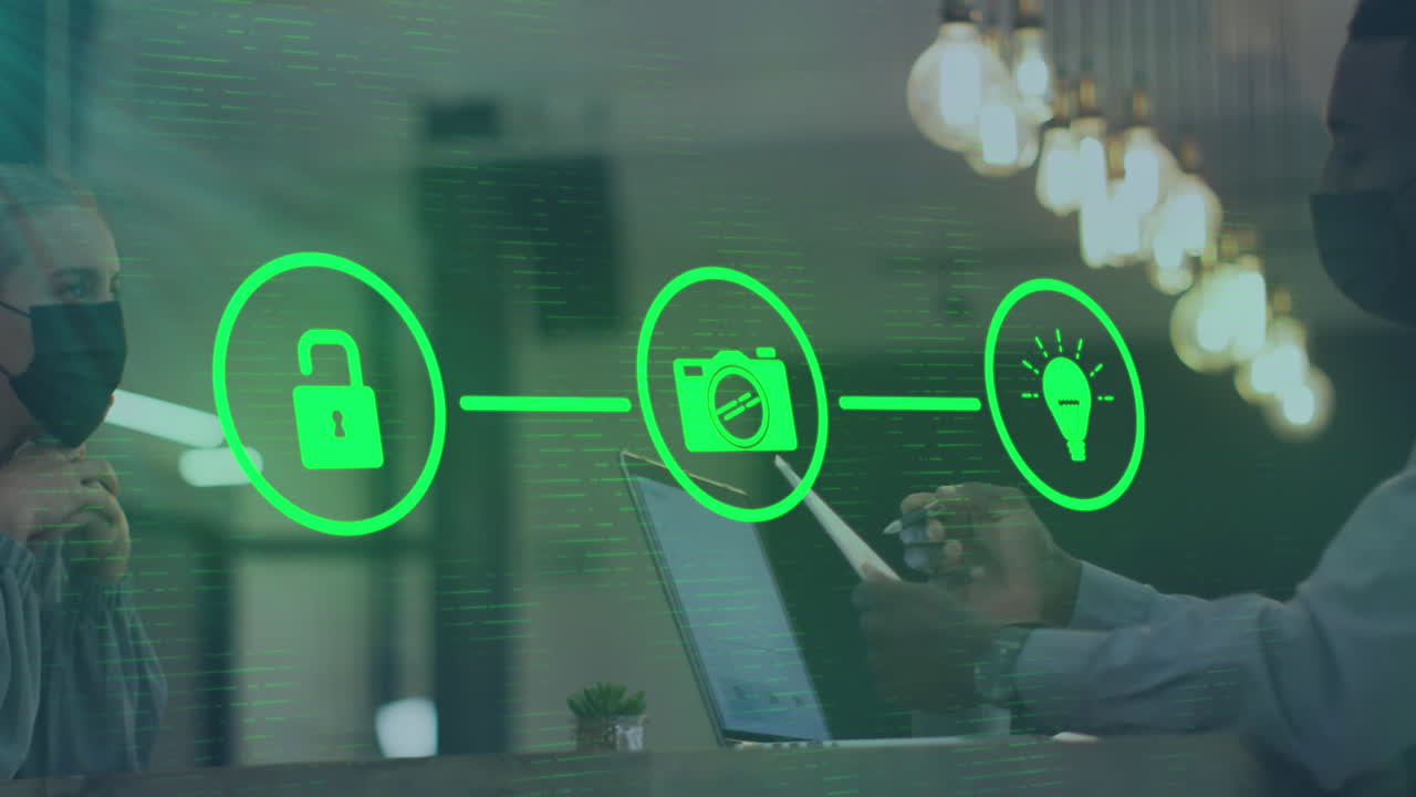 Animation of digital icons over african american male receptionist talking to caucasian woman