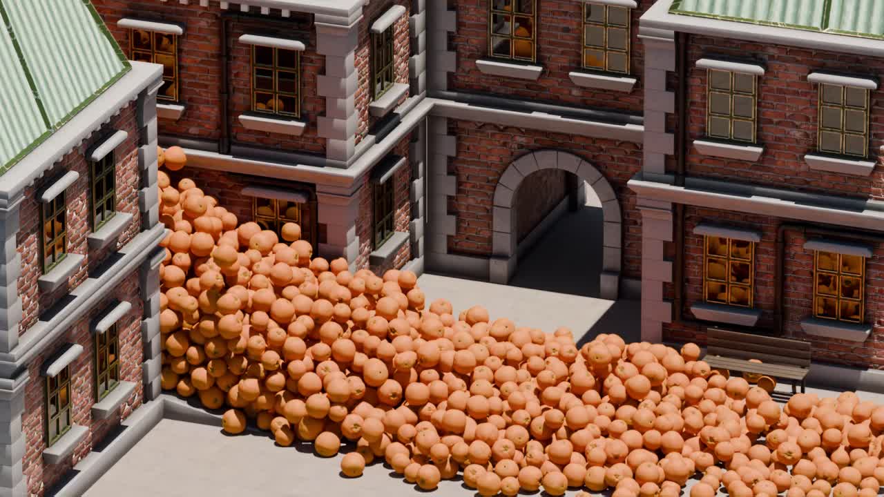 도시 거리에 떨어지는 오렌지