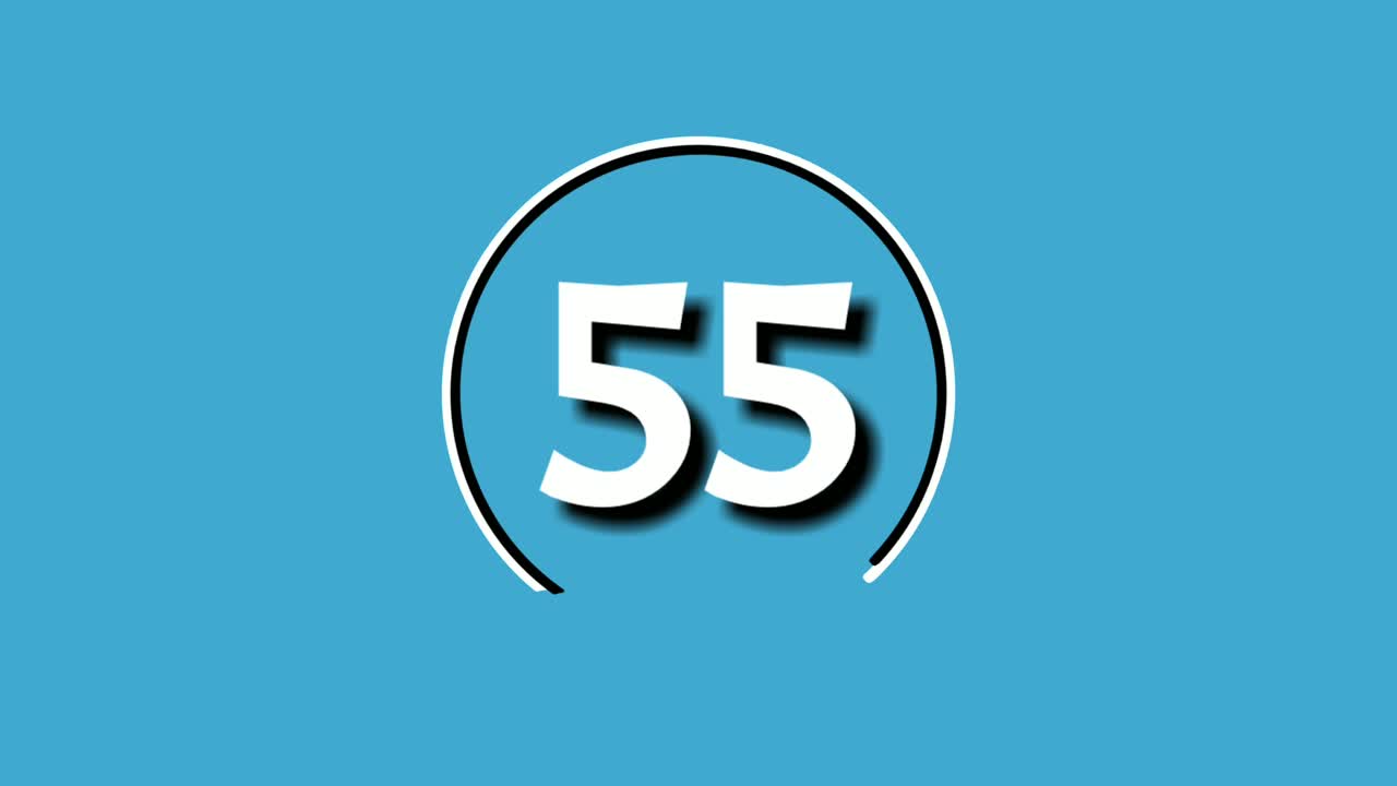 Countdown cartoon number 60 sixty to one 1 motion graphics animation on blue background