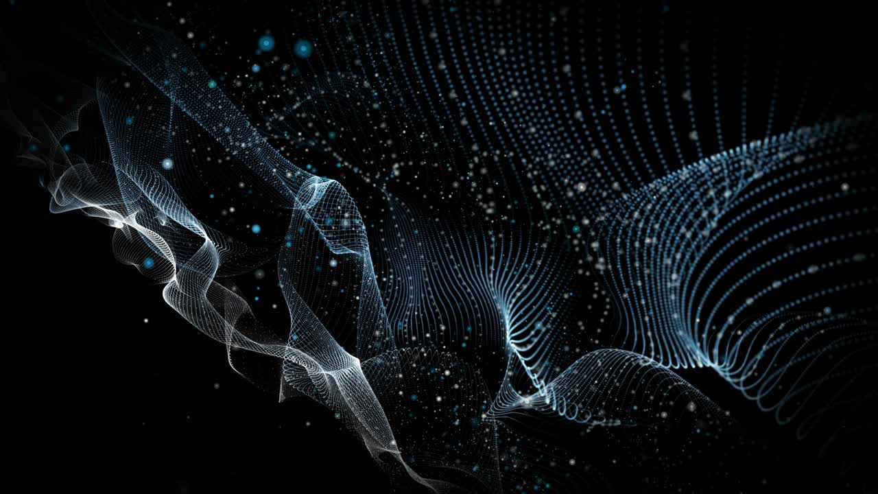 Futuristic animation with wave object and glitter particles in slow motion, 4096x2304 loop 4K