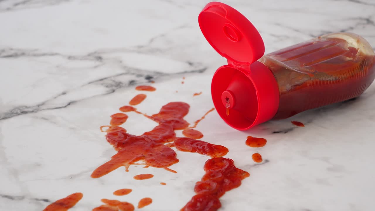 대리석 카운터에 은 소스를 흘렸어