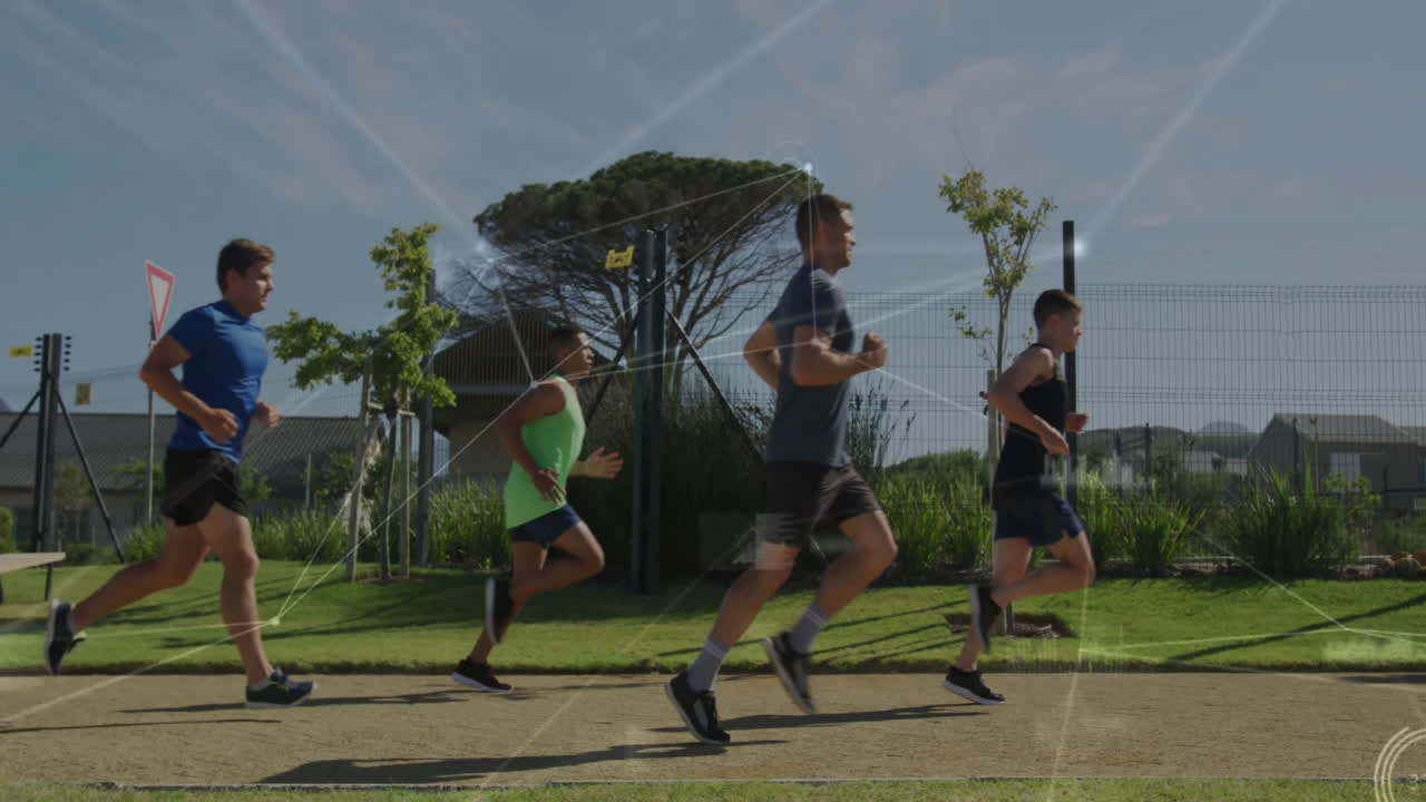 Jogging in park, four men with animation of digital network connections