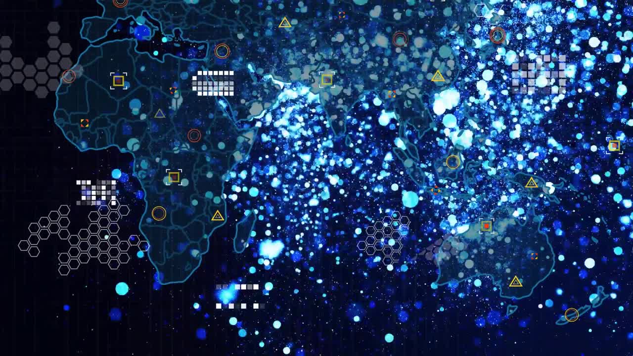 Neon outline sparking particle cloud, stylized world map growing, clustering data for visualization