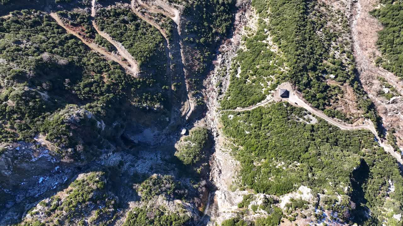Top down aerial footage over the landscape in Epirus province, Greece