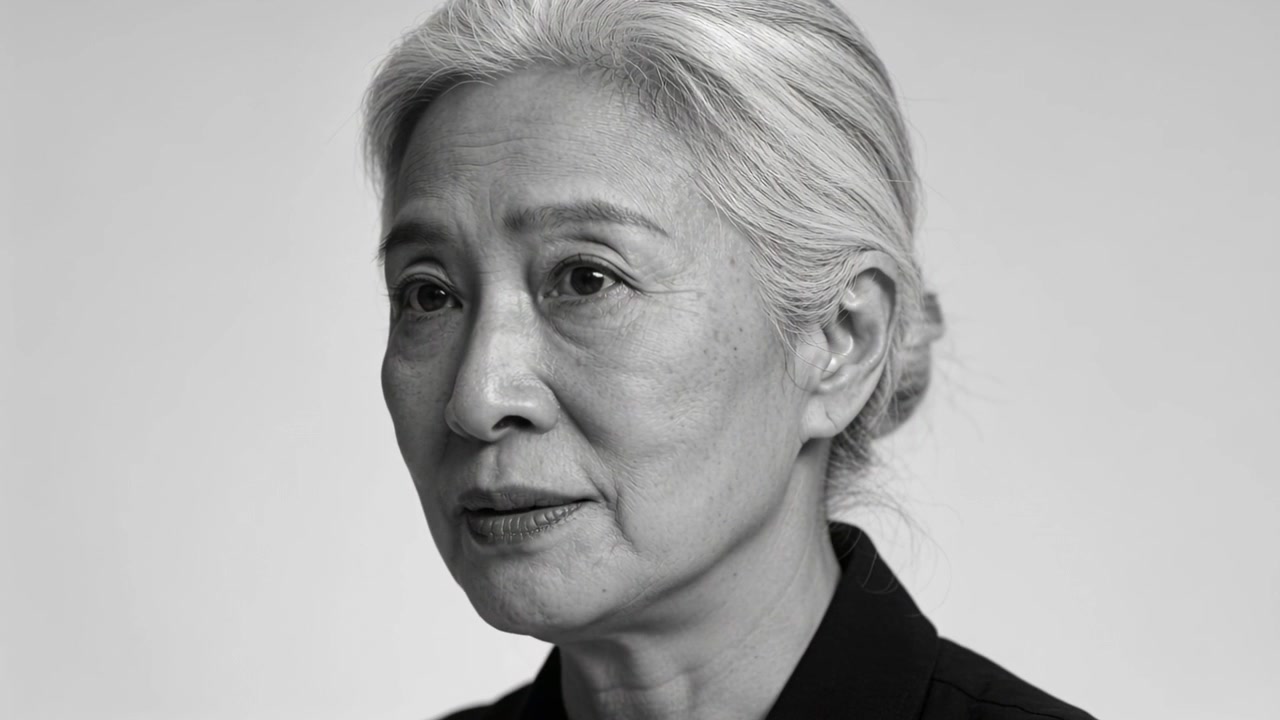 Speaking senior Asian woman after prompt, delivering measured remarks in studio with dark jacket