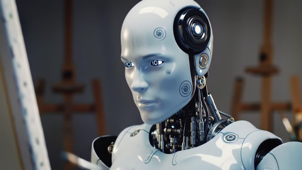 A Next-Generation Robot Artist Perfecting a Masterpiece on Canvas, Showcasing Advanced Technology and Creativity in a Contemporary Art Studio Setting