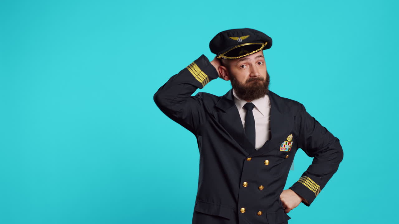 Airline captain raising shoulders and being unsure