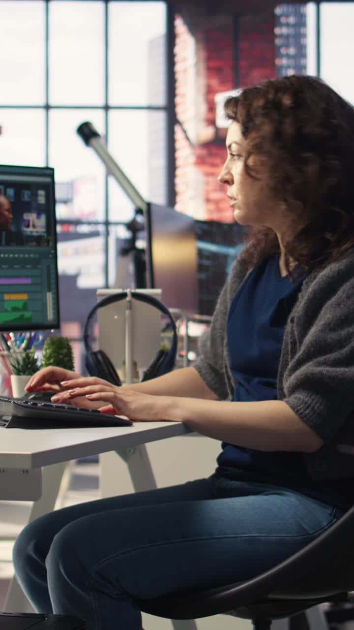 Vertical Video Focused editor woman works on video montage in creative software