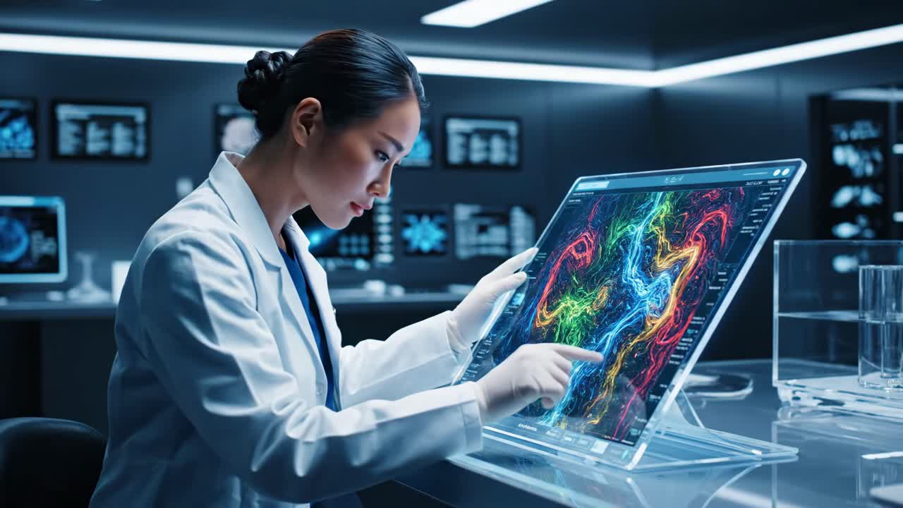 Scientist Analyzing Data on Futuristic Holographic Display in Advanced Laboratory